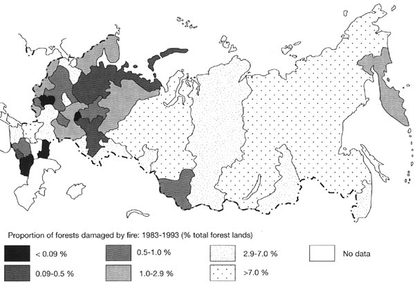 The proportion of forests damaged by fire between 1983 and 1993