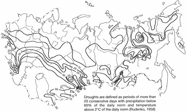 Frequency of droughts (% of all years) between the middle of the 19th and 20th centuries