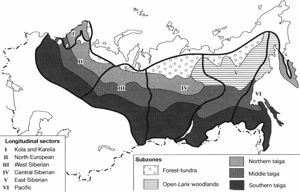 Subzones and longitudinal sectors within the taiga zone